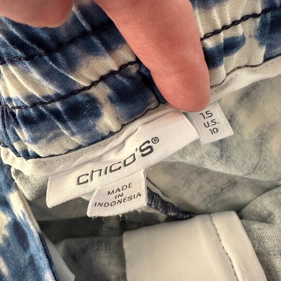 Chico's Linen Blend Wide Leg Pants Blue White Tie Dye 1.5 US 10 - Picture 2 of 6